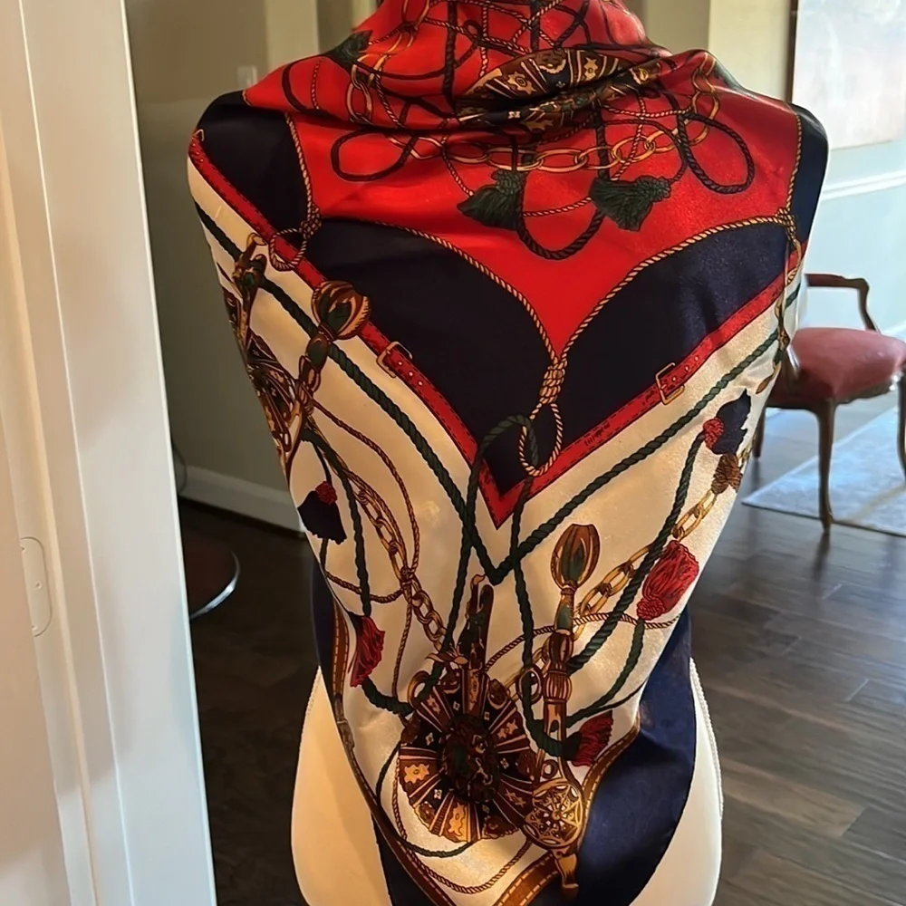 Scarf Green Navy Blue Red Gold Vintage 36” x 36” Soft Luxury Colors